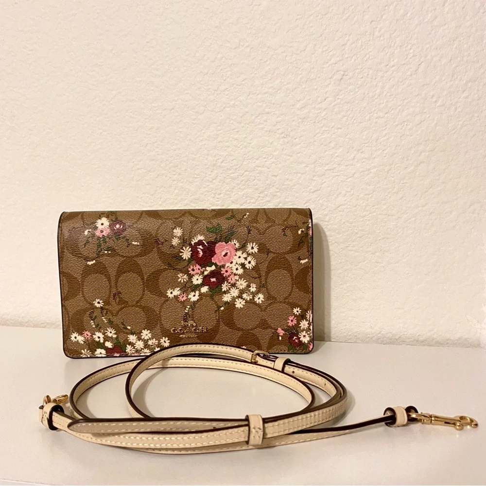 Coach Anna Foldover Crossbody Clutch | Evergreen Floral Print & Detachable Strap